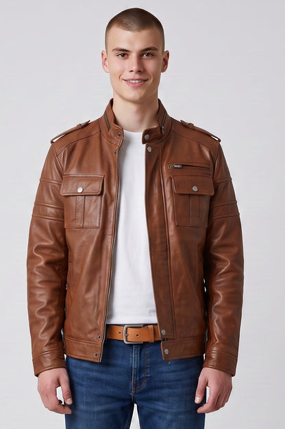 Men's Tan Sheep/Lamb Leather Biker Jacket