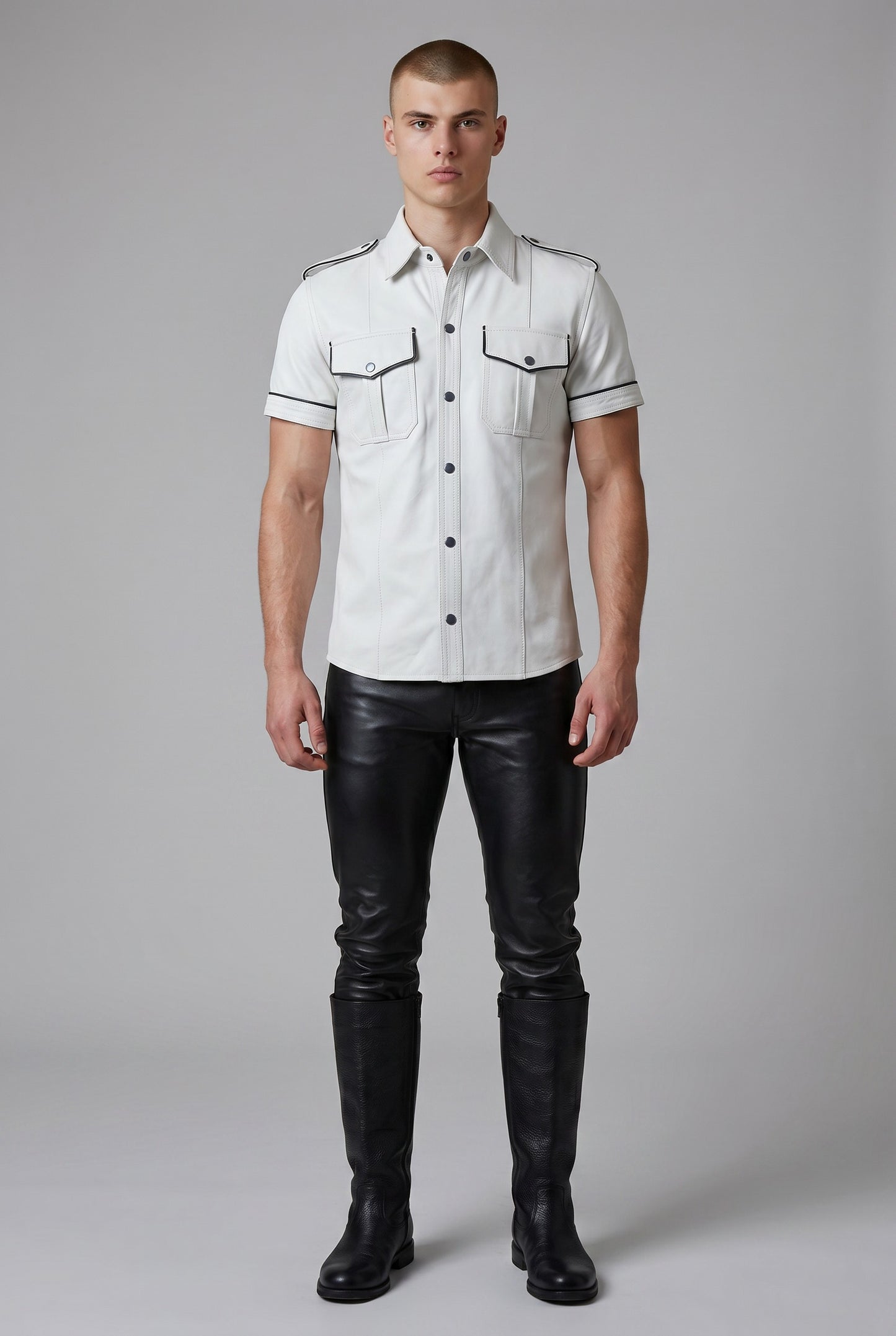Men's Real Lamb Leather Police Uniform Shirt Sexy Short Sleeves White Shirt With Black Piping