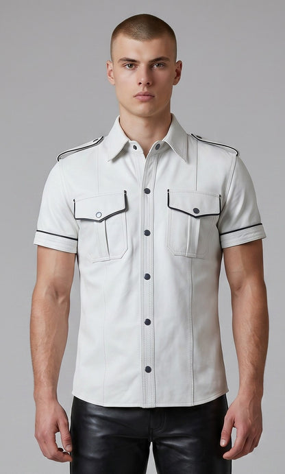 Men's Real Lamb Leather Police Uniform Shirt Sexy Short Sleeves White Shirt With Black Piping