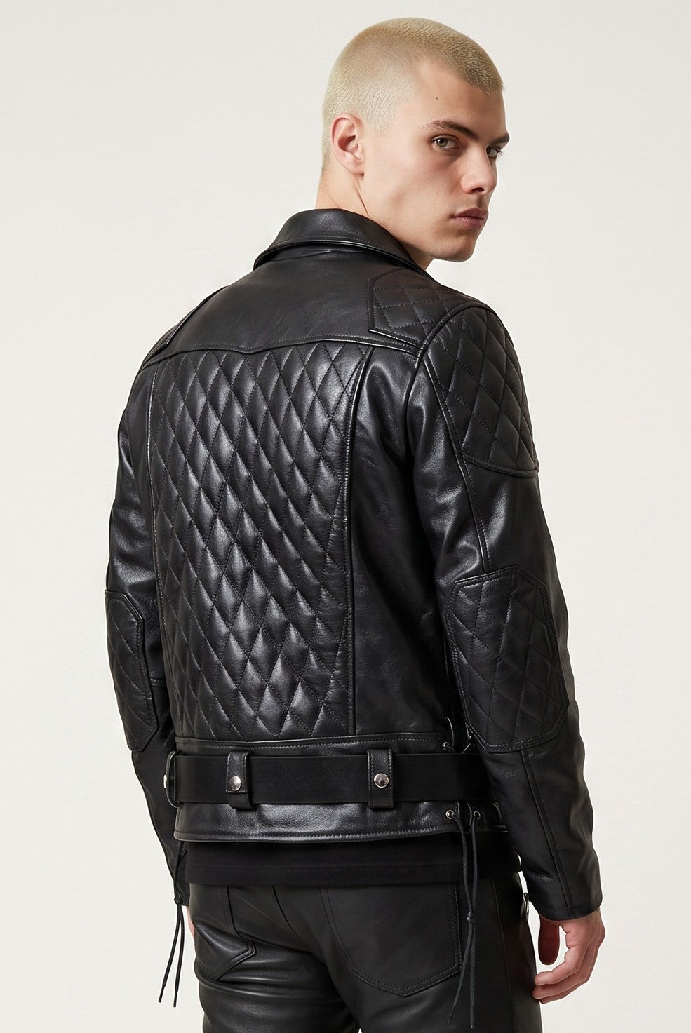 REAL NATURAL COW LEATHER BIKERS QUILTED FRONT & BACK PANELS JACKET