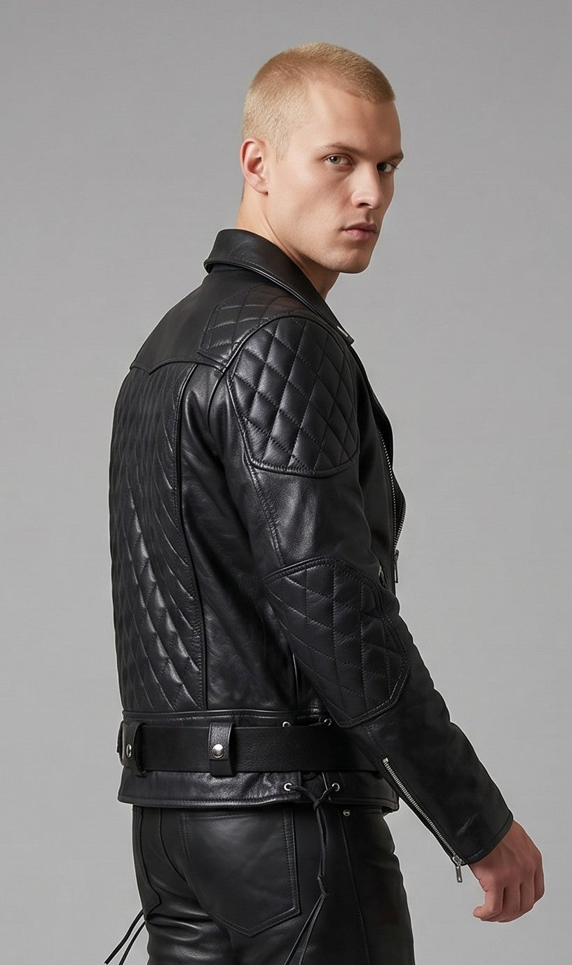 REAL NATURAL COW LEATHER BIKERS QUILTED FRONT & BACK PANELS JACKET