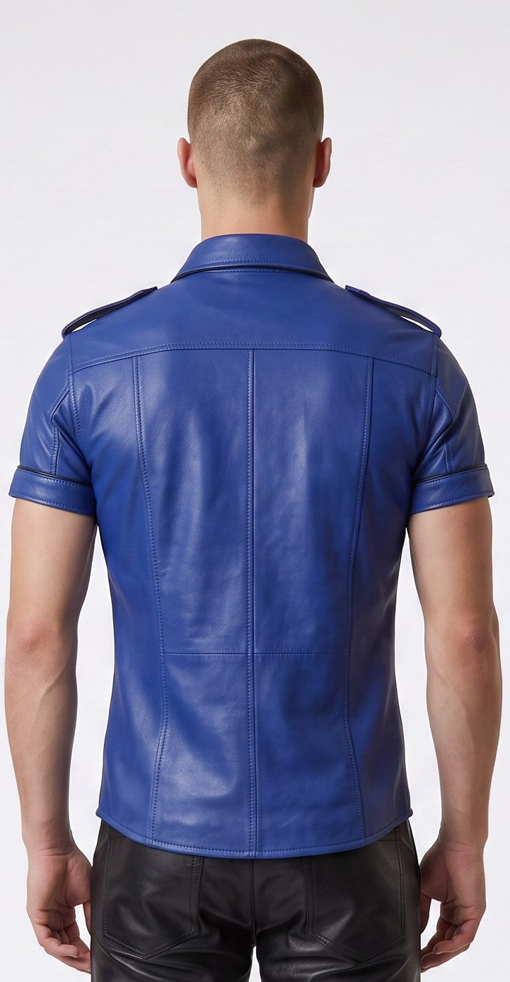 Men’s Lamb Leather Short Sleeves Leather Shirt Blue Leather Shirt With Black Piping