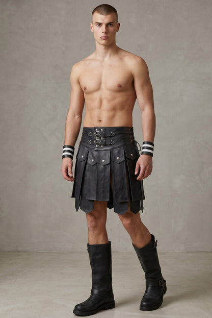 Men's Real Leather Gladiator Kilt Club wear Kilt FREE LEATHER WRIST BANDS PAIR