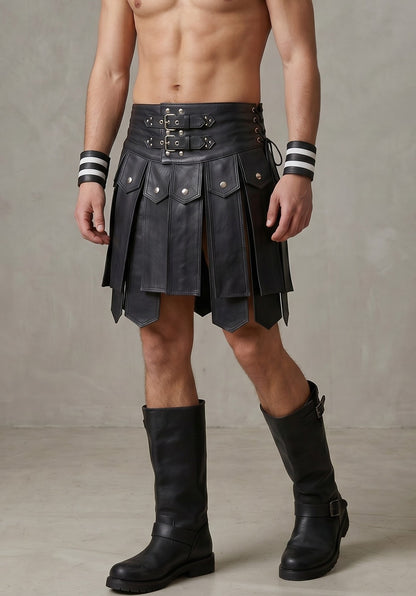 Men's Real Leather Gladiator Kilt Club wear Kilt FREE LEATHER WRIST BANDS PAIR