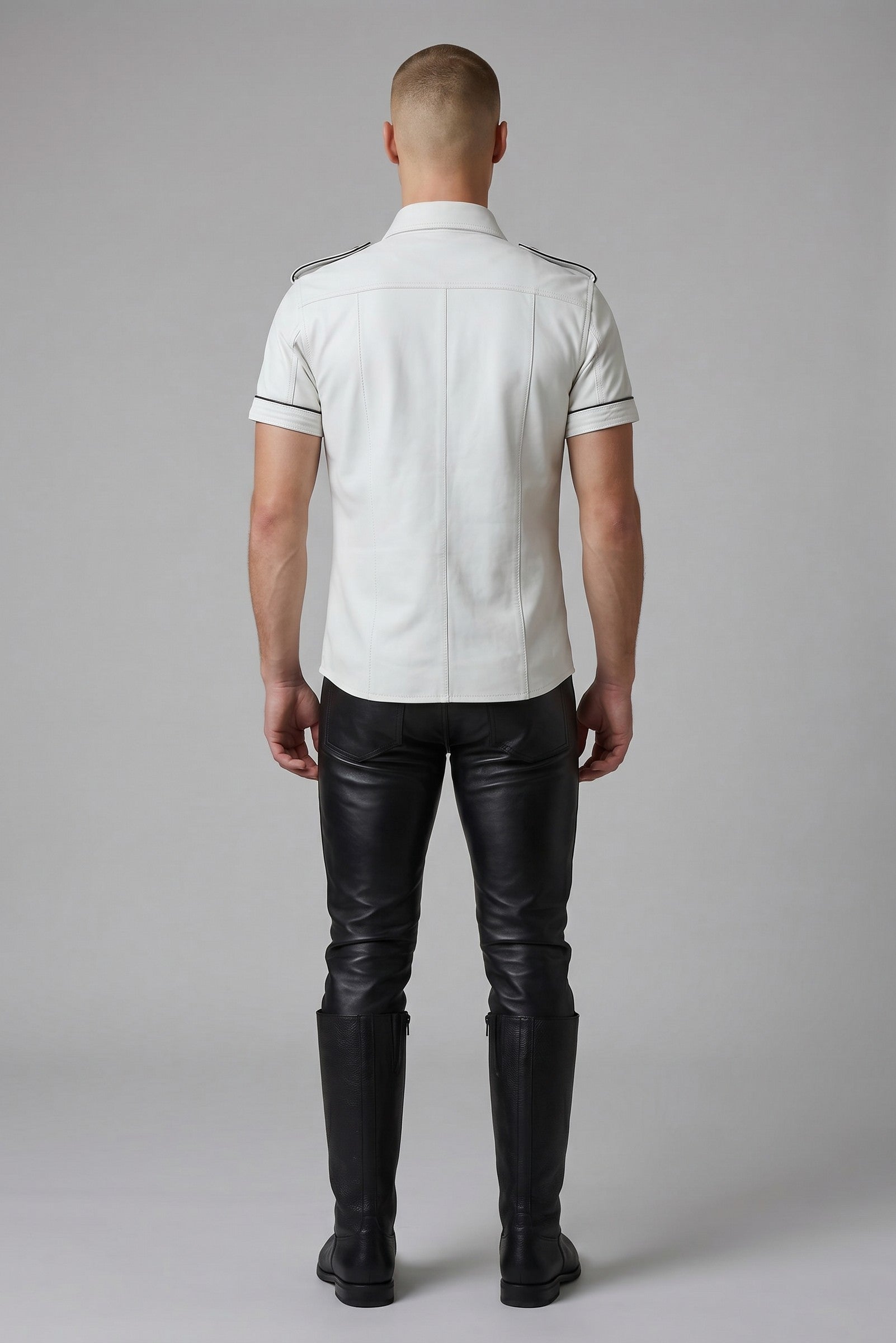 Men's Real Lamb Leather Police Uniform Shirt Sexy Short Sleeves White Shirt With Black Piping