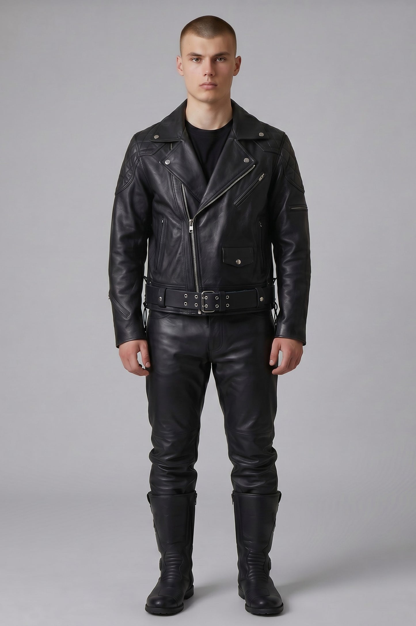 REAL NATURAL COW LEATHER BIKERS QUILTED FRONT & BACK PANELS JACKET