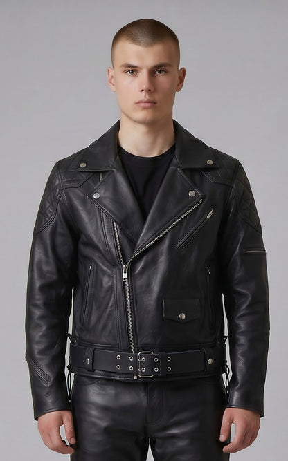 REAL NATURAL COW LEATHER BIKERS QUILTED FRONT & BACK PANELS JACKET