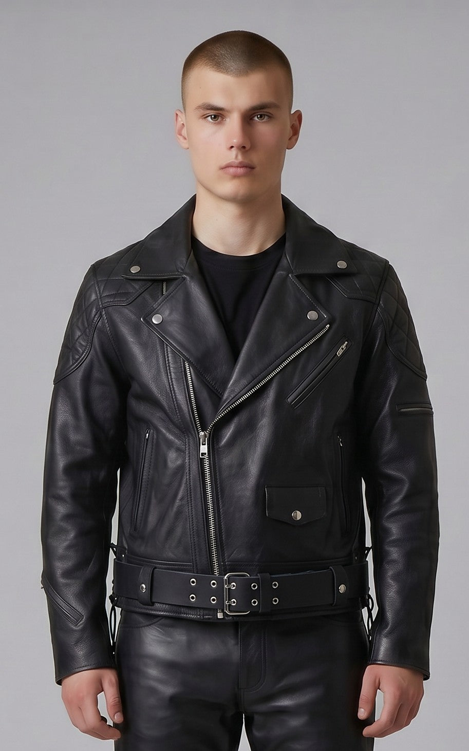REAL NATURAL COW LEATHER BIKERS QUILTED FRONT & BACK PANELS JACKET