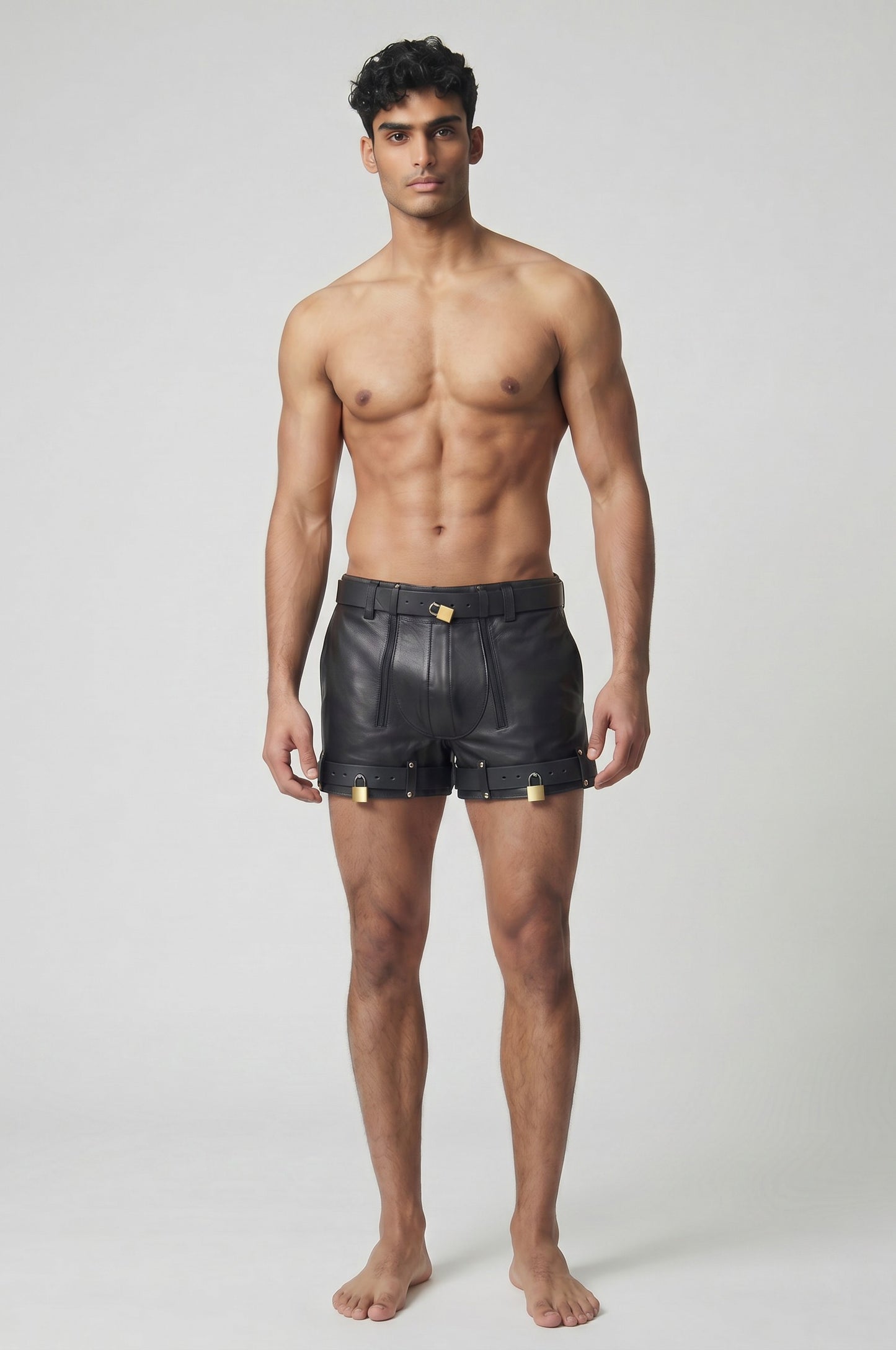 MEN’S REAL LEATHER RESTRAINTS CHASTITY SHORTS WITH FREE PADLOCKS BLUF SHORTS