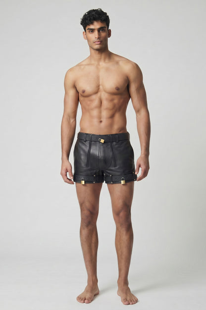 MEN’S REAL LEATHER RESTRAINTS CHASTITY SHORTS WITH FREE PADLOCKS BLUF SHORTS