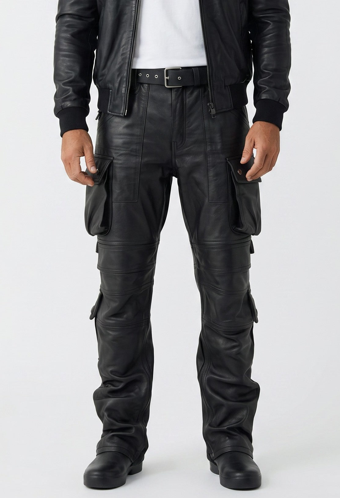MEN'S REAL LEATHER  MULTIPLE  POCKETS PANTS BIKERS PANTS WITH CARGO POCKETS