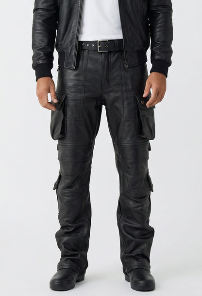 MEN'S REAL LEATHER  MULTIPLE  POCKETS PANTS BIKERS PANTS WITH CARGO POCKETS