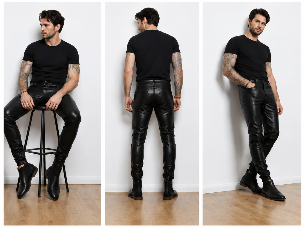 Men's Genuine Cowhide Leather Jogger Pants With Quilted Panels