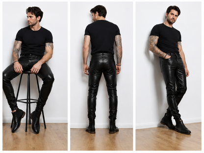 Men's Genuine Cowhide Leather Jogger Pants With Quilted Panels