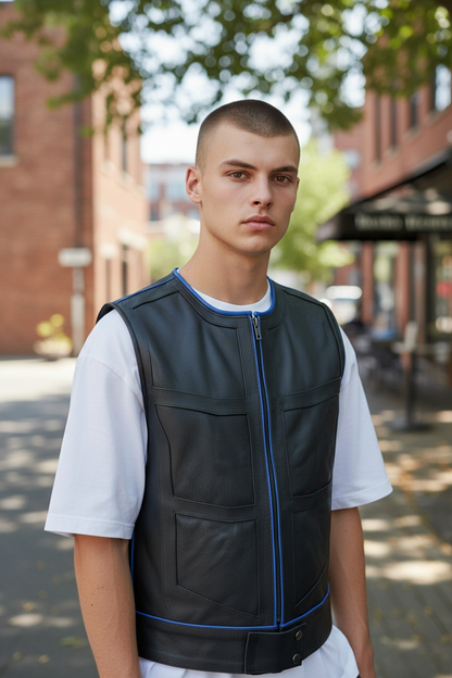 Men's Real Cow Leather Contrast Piping & PAW Logo BLUF / Bikers Vest