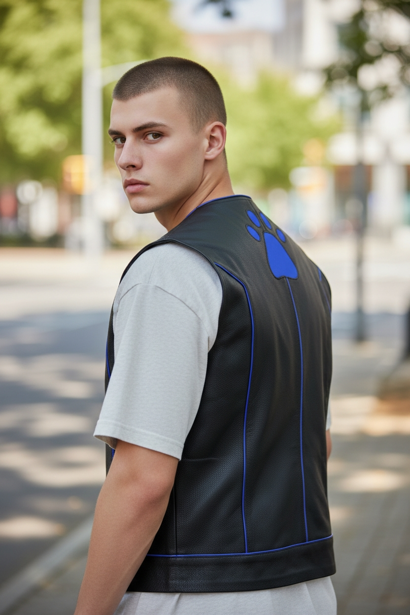 Men's Real Cow Leather Contrast Piping & PAW Logo BLUF / Bikers Vest
