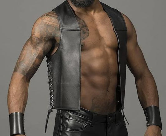 Men's Real Leather Bartender Vest Leather Laces Up Leather Vest Front Open Vest