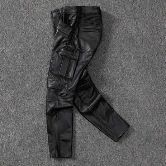 Men's Real Cowhide Leather Cargo Pants Bikers Pants