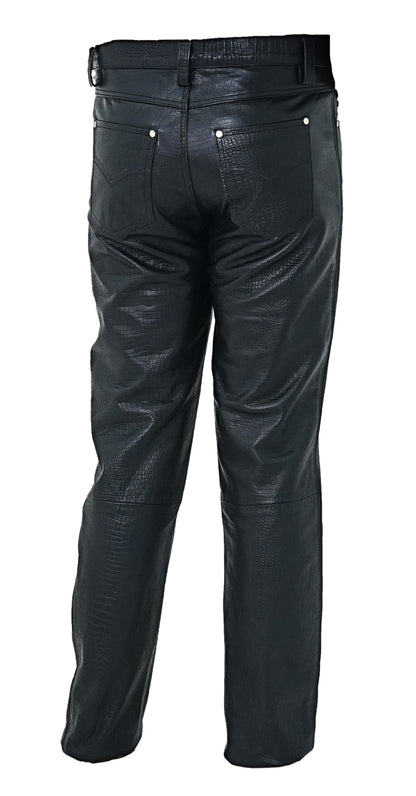 Men's Real Cowhide Crocodile Print Leather Bikers Pants 5 Pockets Pants 501 Style Leather Pants