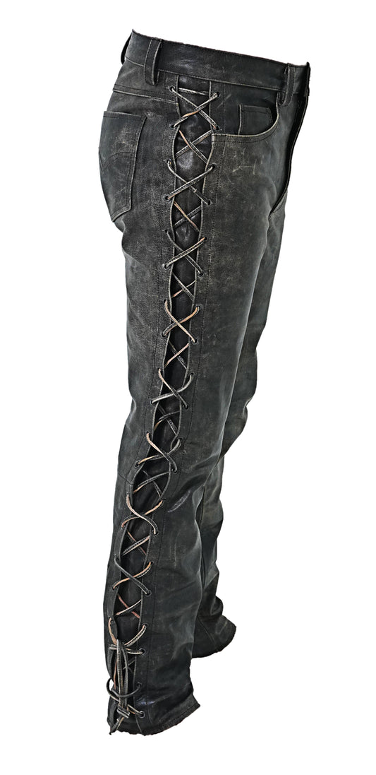 Men's Real Cowhide Distressed Leather Bikers Laces Up Pants 5 Pockets Pants