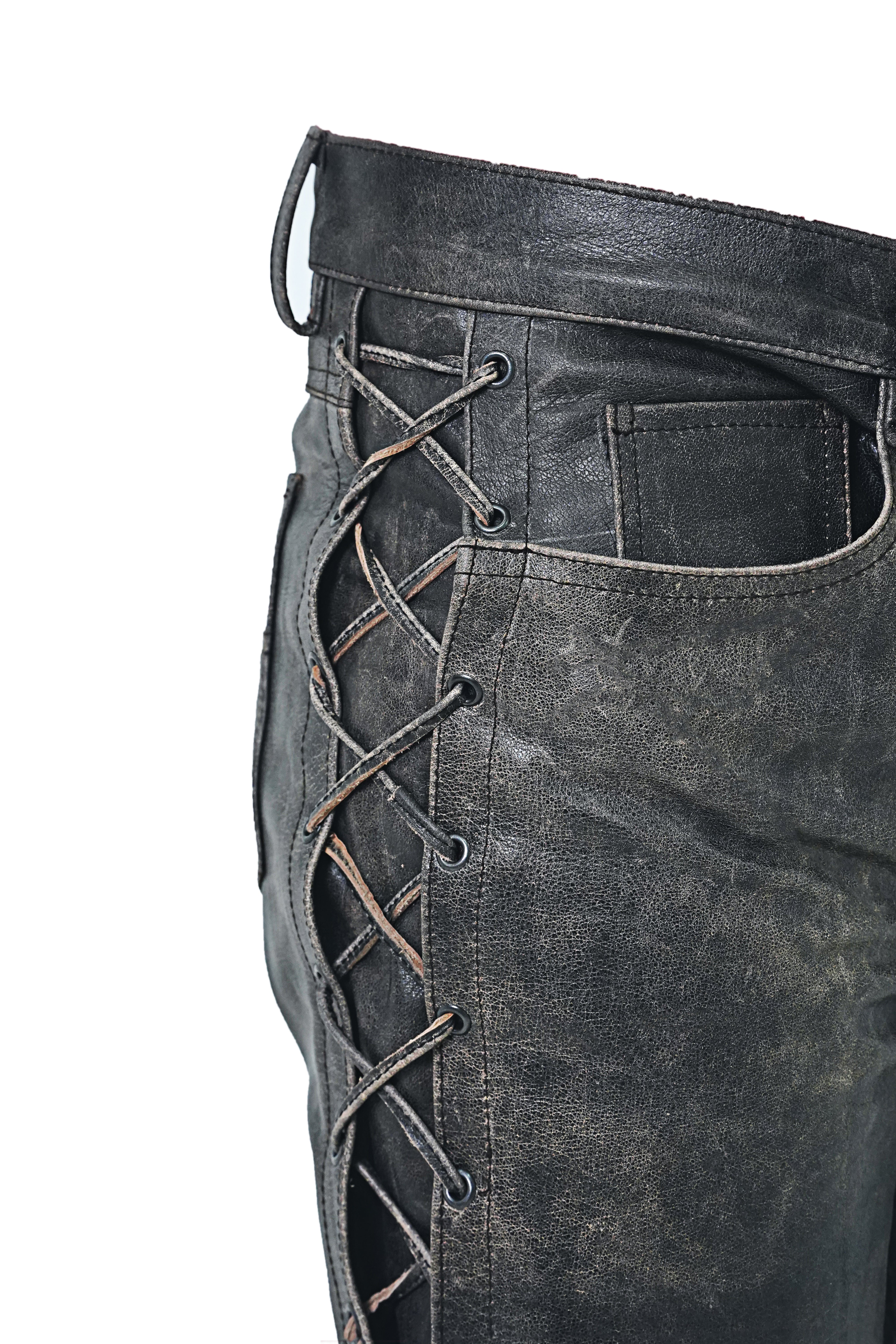 Men's Real Cowhide Distressed Leather Bikers Laces Up Pants 5 Pockets Pants
