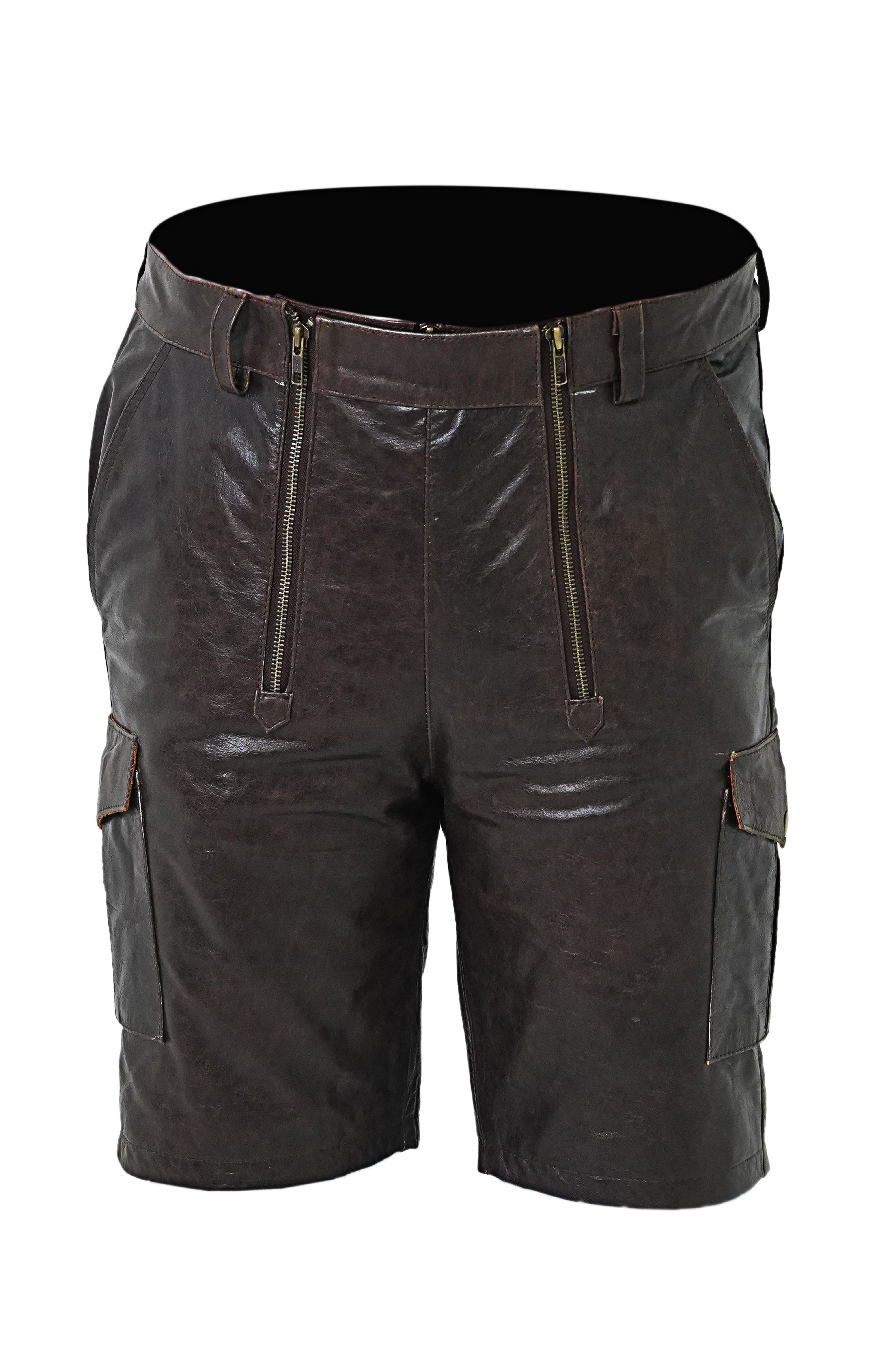 MEN'S REAL VINTAGE COWHIDE LEATHER CARPENTER SHORTS / CARGO POCKETS LEATHER SHORTS