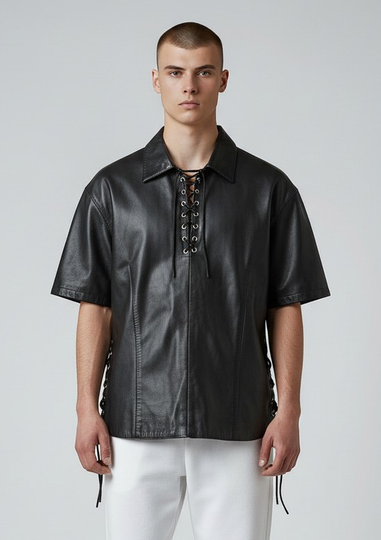 Men's Real Lamb Leather Shirt Laces Up Front,Sleeves & Slits Shirt In 7 Colors