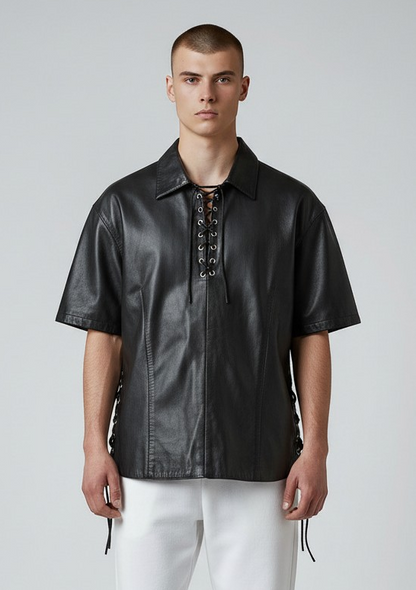 Men's Real Lamb Leather Shirt Laces Up Front,Sleeves & Slits Shirt In 7 Colors