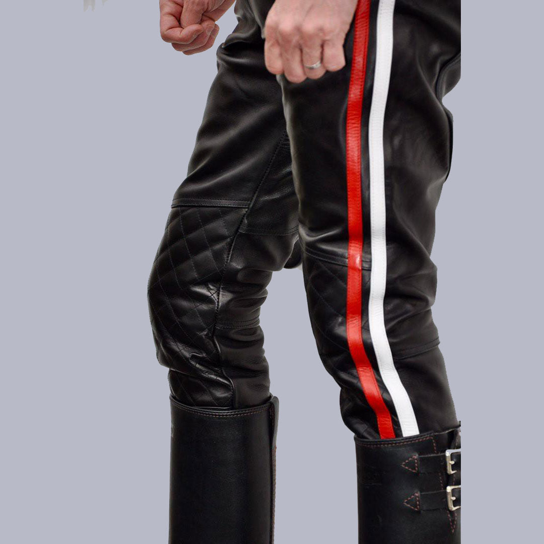 Men’s Real Cowhide Leather Quilted Panels BLUF Bikers Pants with Multi Color Side Stripes