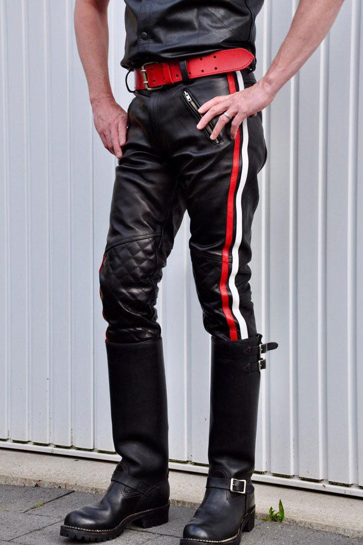 Men’s Real Cowhide Leather Quilted Panels BLUF Bikers Pants with Multi Color Side Stripes