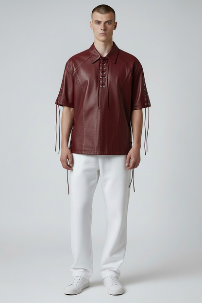 Men's Real Lamb Leather Shirt Laces Up Front,Sleeves & Slits Shirt In 7 Colors