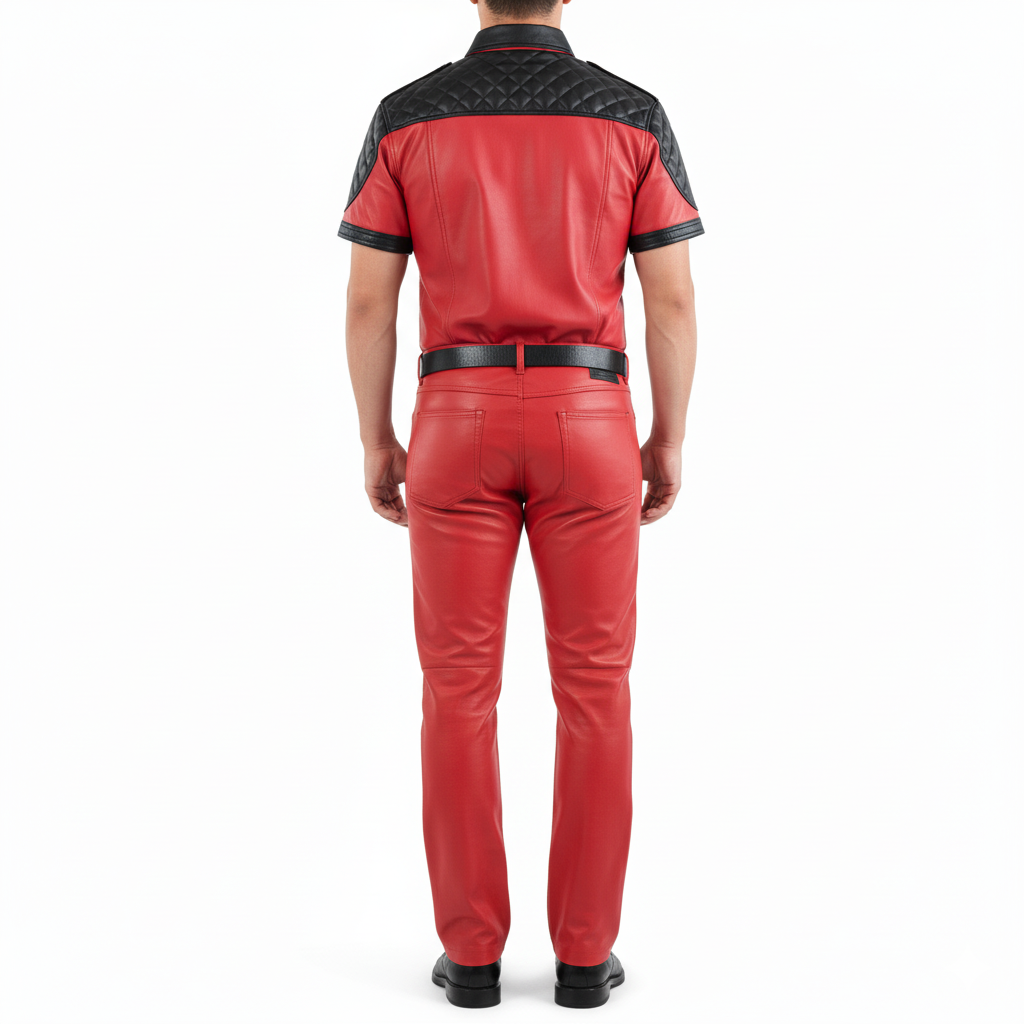 Men's Real Lamb Leather Police/Military Style Quilted Panels Short Sleeve Shirt