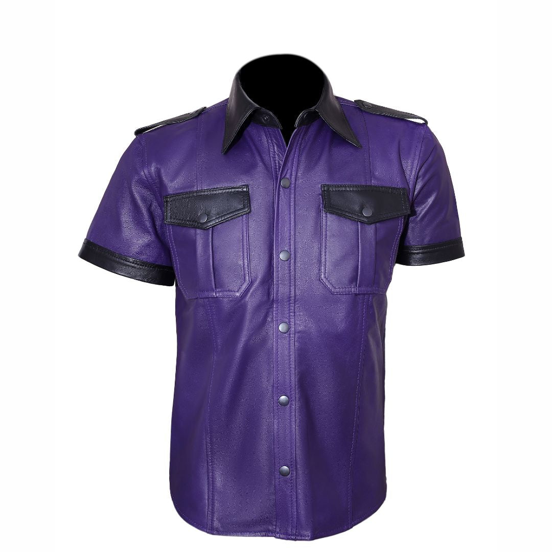Men's Real Leather Police Shirt Soft Lamb Leather Gay Leather Shirt