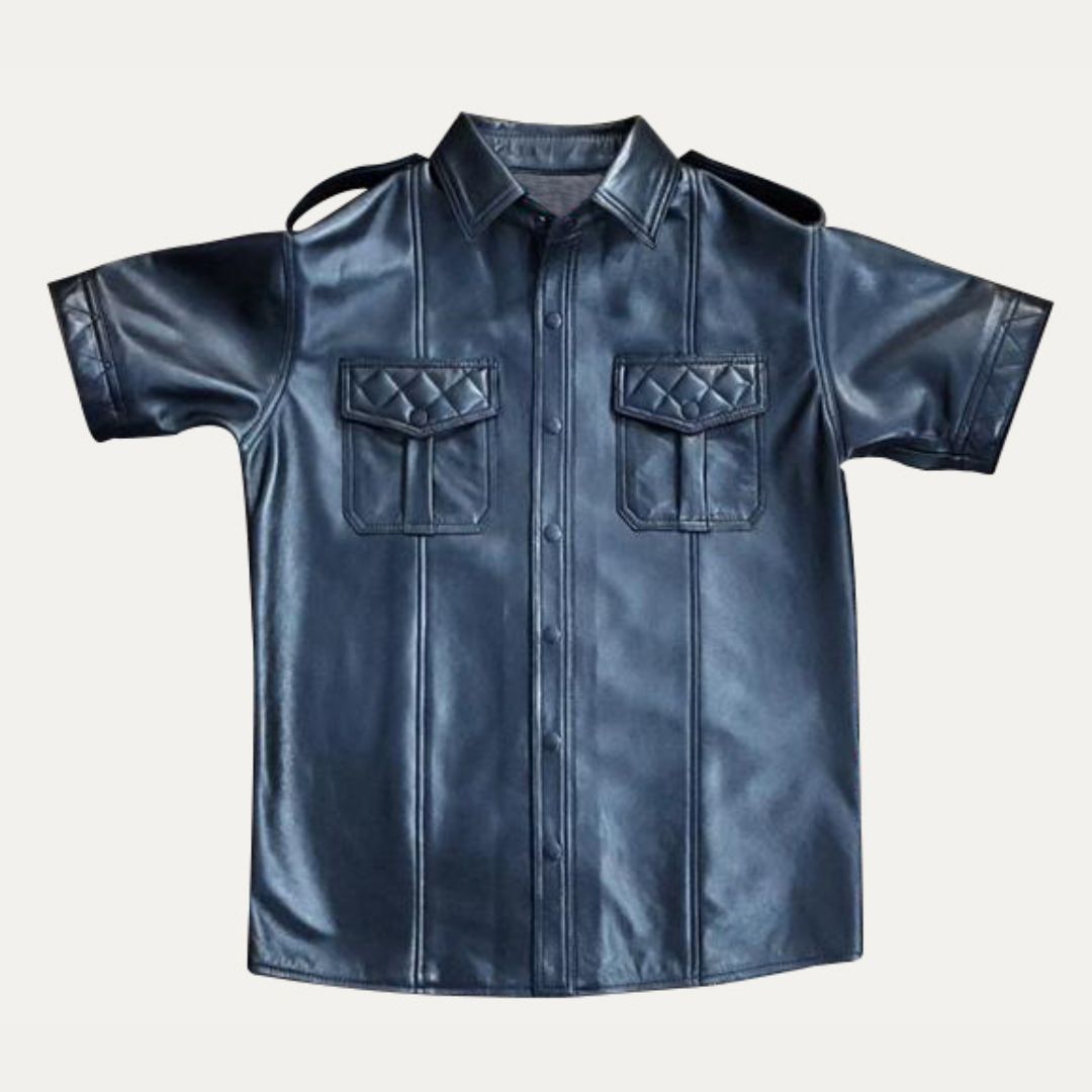 Men's Real Lamb Leather Police Shirt Quilted Panels Gay Leather Shirt