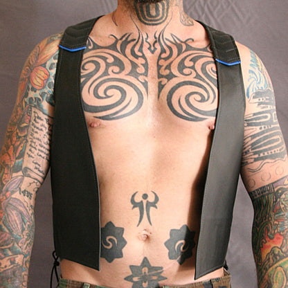 Men's Real Leather Bartender Vest Quilted Panels,Laces Up & Colored Trims Bar Vest