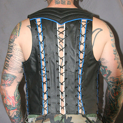 Men's Real Leather Bartender Vest Quilted Panels,Laces Up & Colored Trims Bar Vest