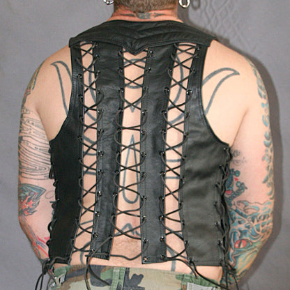Men's Real Leather Bartender Vest Quilted Panels,Laces Up & Colored Trims Bar Vest