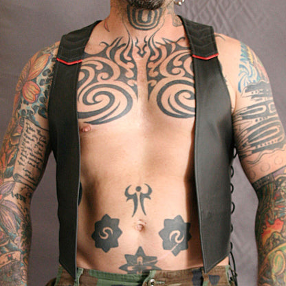 Men's Real Leather Bartender Vest Quilted Panels,Laces Up & Colored Trims Bar Vest
