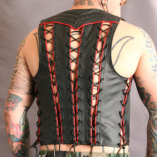 Men's Real Leather Bartender Vest Quilted Panels,Laces Up & Colored Trims Bar Vest