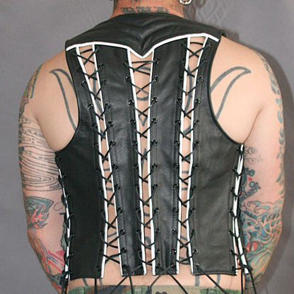 Men's Real Leather Bartender Vest Quilted Panels,Laces Up & Colored Trims Bar Vest