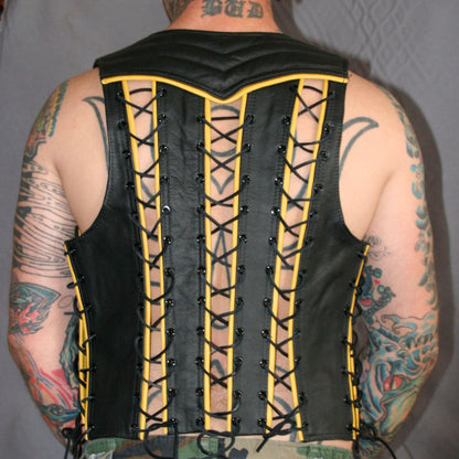 Men's Real Leather Bartender Vest Quilted Panels,Laces Up & Colored Trims Bar Vest
