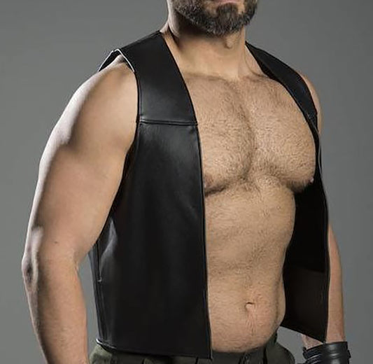 Men's Real Leather Bartender Vest, Front Open, Straight Front Cut, Fully Lined
