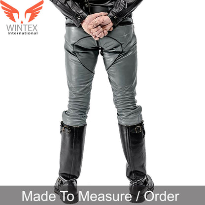 Men’s Real Leather Bikers Pants Color Piping Biker Grey Leather Pants BLUF Pants