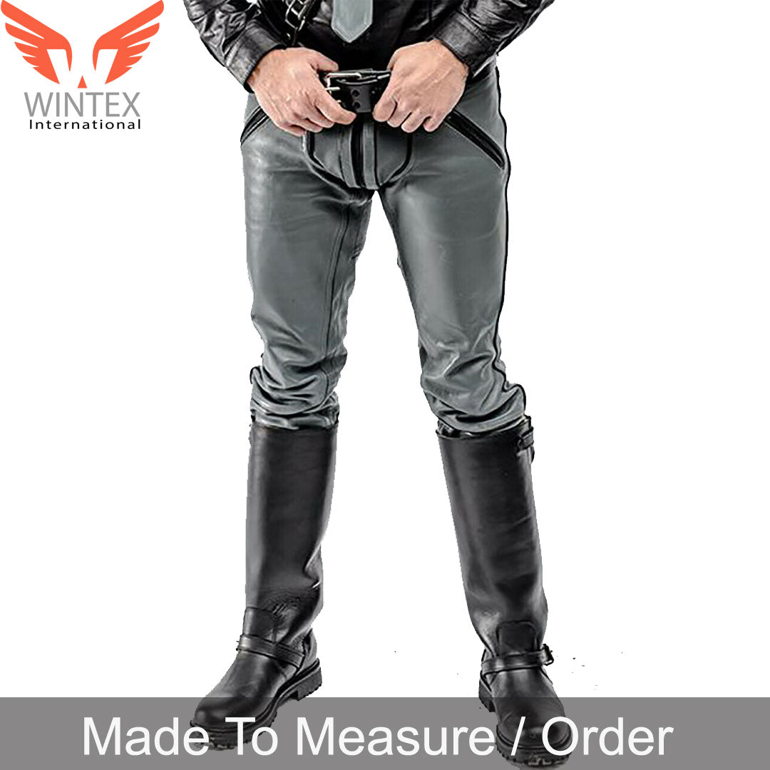 Men’s Real Leather Bikers Pants Color Piping Biker Grey Leather Pants BLUF Pants