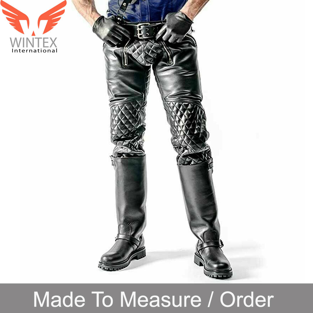 Men’s Real Cowhide Leather Quilted Panels Carpenter Pants Bikers BLUF Pants