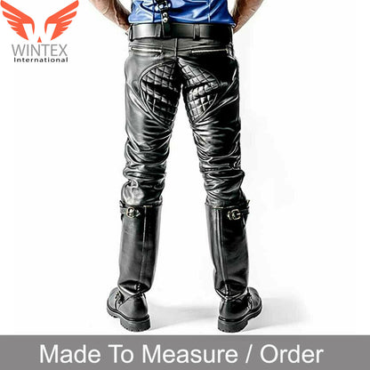 Men’s Real Cowhide Leather Quilted Panels Carpenter Pants Bikers BLUF Pants