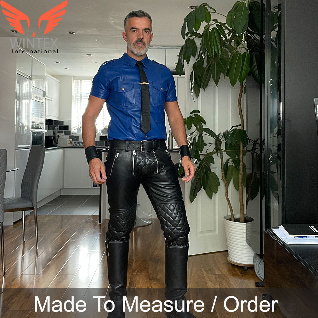 Men’s Real Cowhide Leather Quilted Panels Carpenter Pants Bikers BLUF Pants