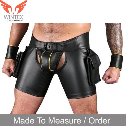 Men’s Real Cowhide Leather Chaps Shorts Cargo Pockets Chaps + FREE WRIST BANDS