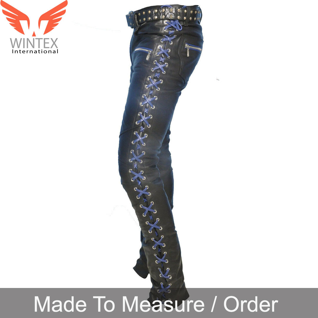 Men’s Real Cowhide Leather Laces Up Pants Bikers Contrast Laces Up Pants