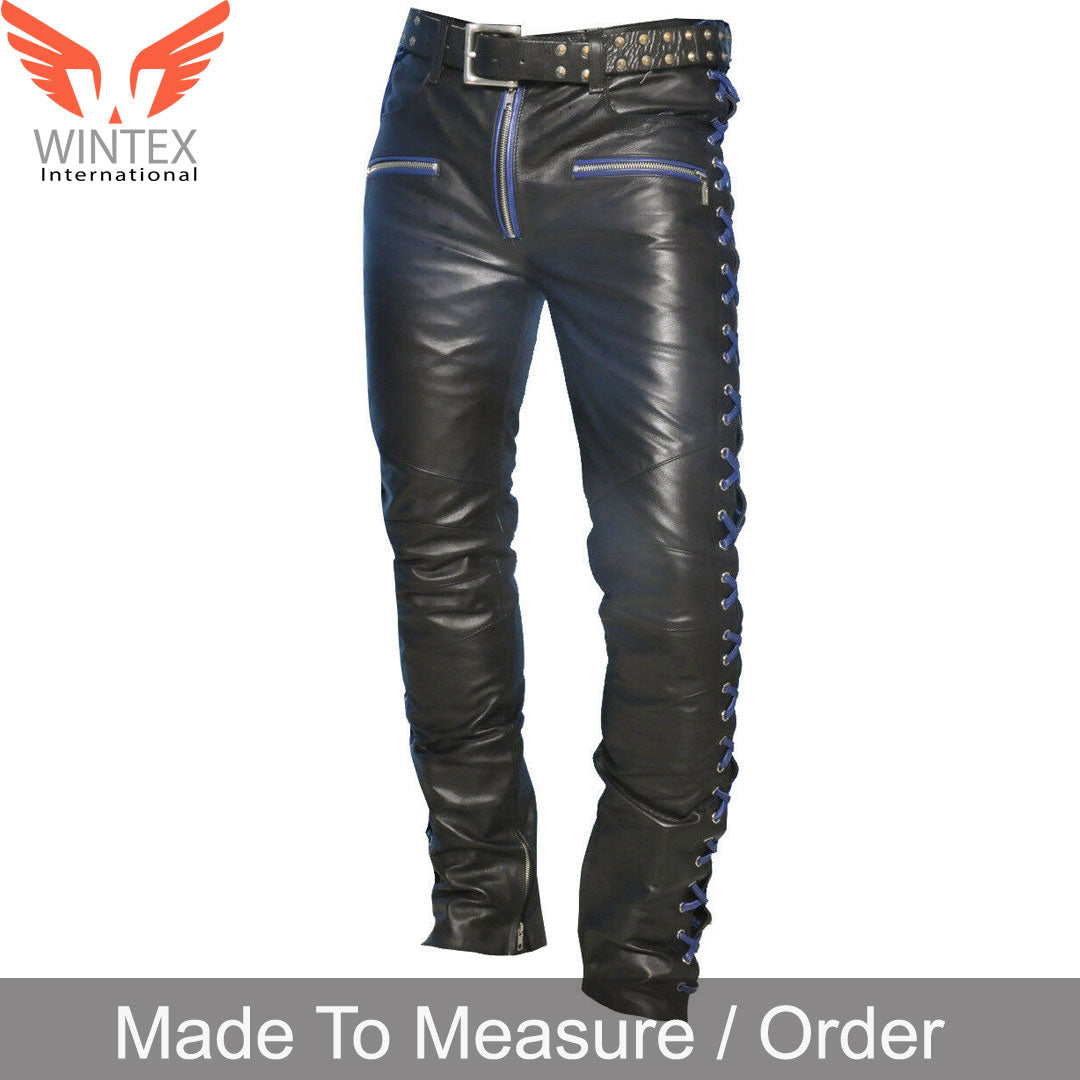 Men’s Real Cowhide Leather Laces Up Pants Bikers Contrast Laces Up Pants